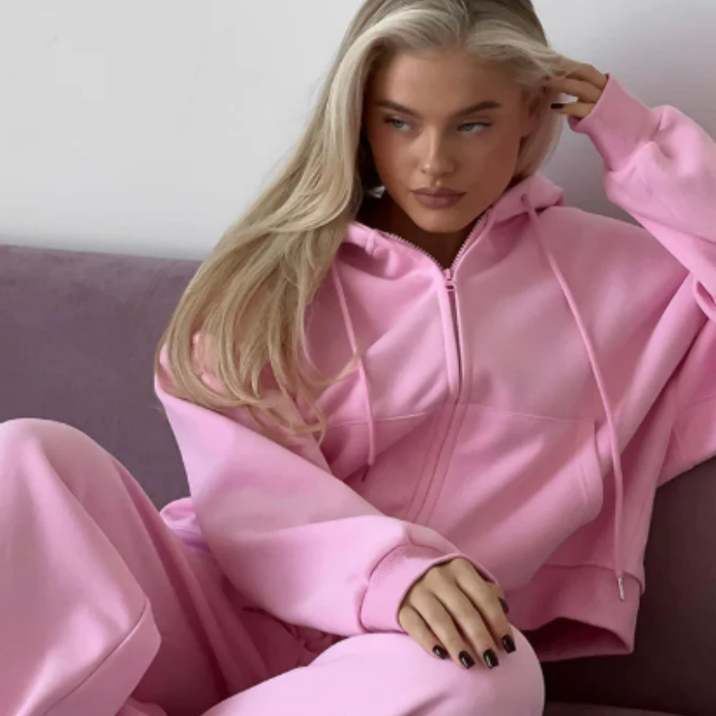 European And American Zipper Hooded Sweater With Drawstring Pants Set