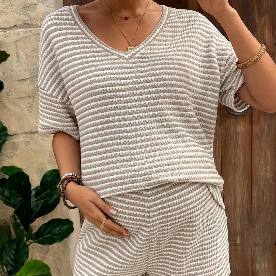 Versatile Striped Set In Khakicomfortable And Casual