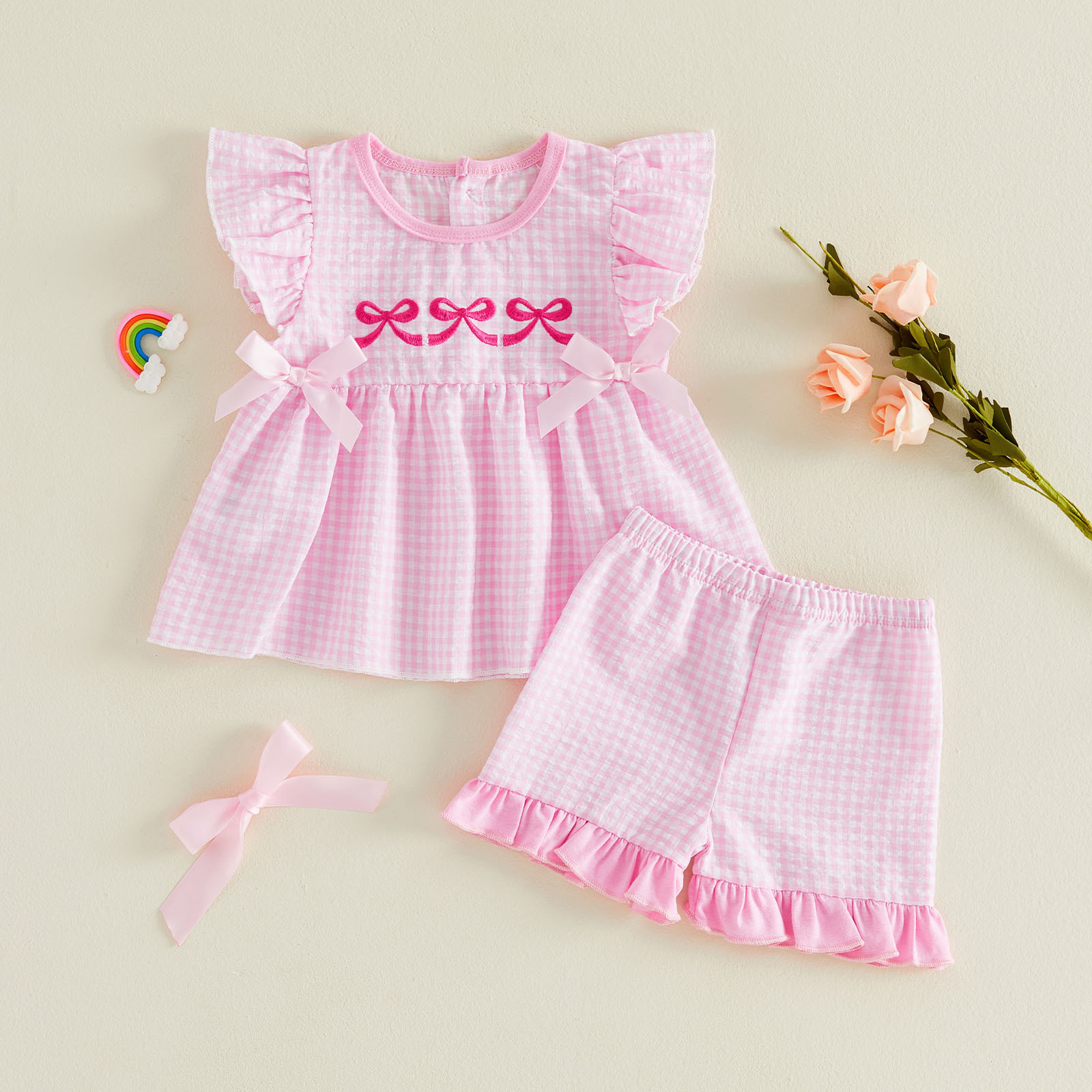Girls Bow-Tie Puff-Sleeve Top And Shorts Two-Piece Set