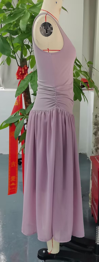 Bohemian chiffon maxi dress in dusty lavender - full length view showing flowy skirt