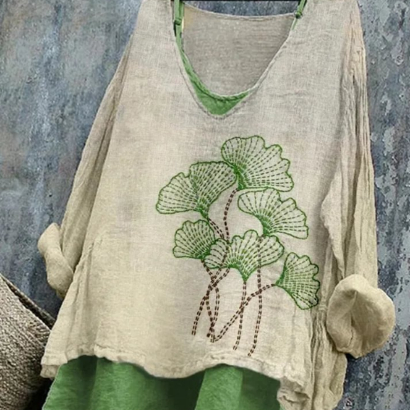 Women's Ginkgo Leaf Embroidered Vintage Cozy Flowy Tunic — image 1