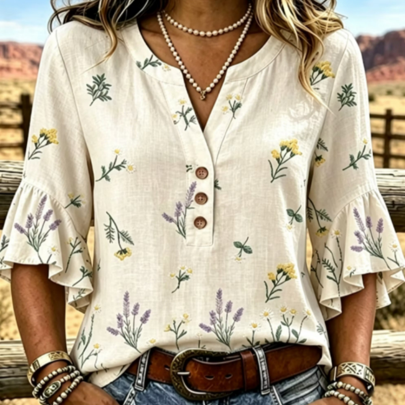 Off-White Floral Embroidered V-Neck Ruffle Sleeve Casual Blouse — image 1