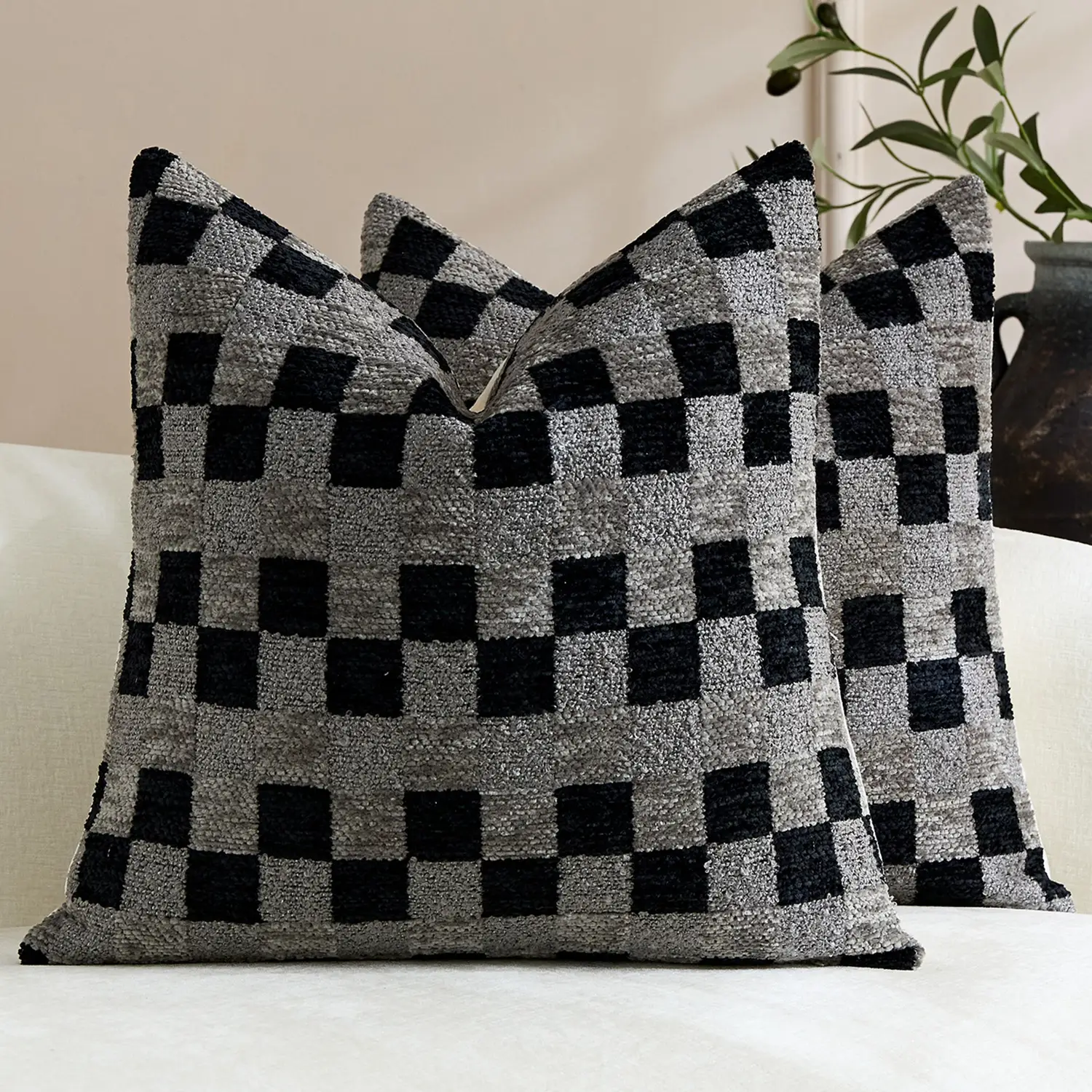 Chenille Checkered Black And White Pillow Cover
