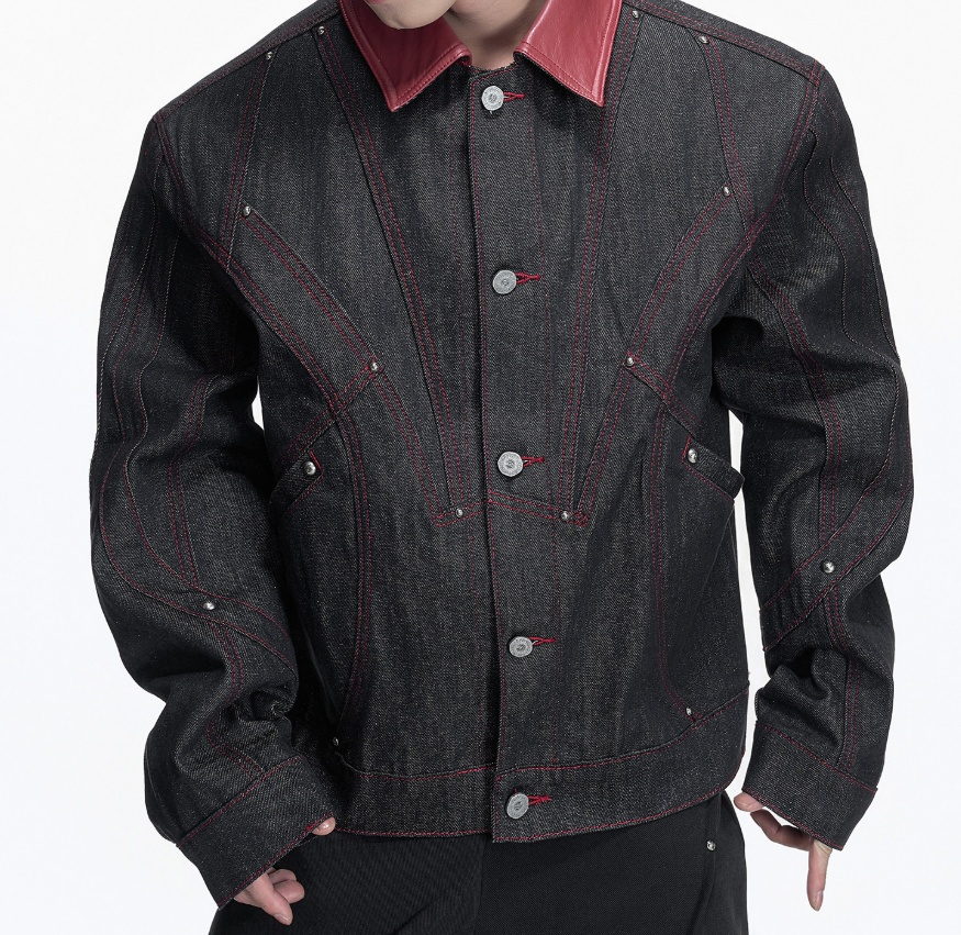 Wide-fit Raw-edge Embroidered Hard-wearing Denim Jacket With Red Trim