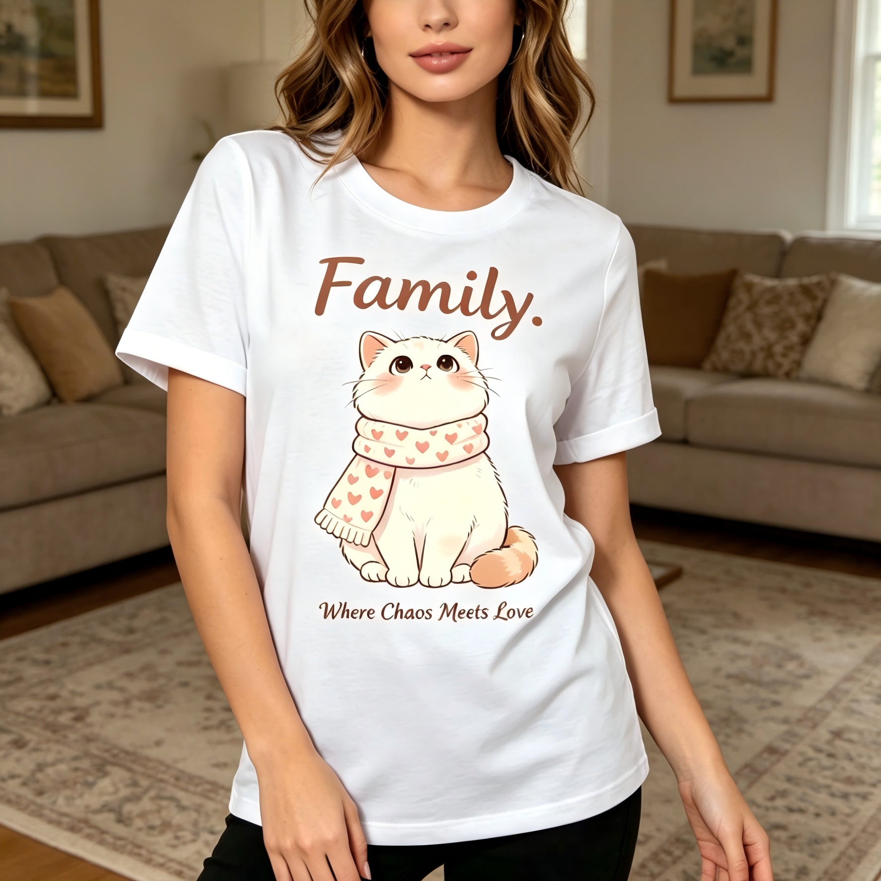 "Family Where Chaos Meets Love" Funny Cat Graphic T-Shirt for Women