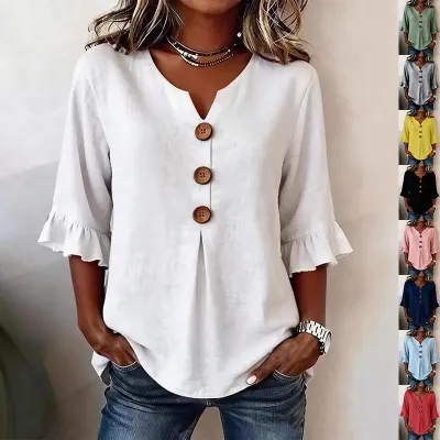 Summer Ruffled-Sleeve Top Loose Casual V-Neck Buttons Short-sleeved Shirts Women's Clothing