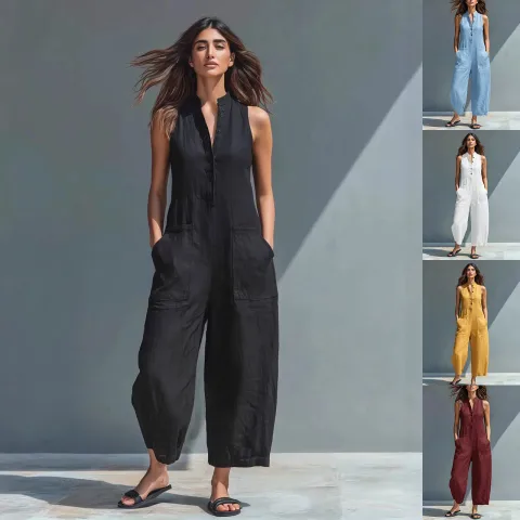 Summer Sleeveless Jumpsuit with Pockets Fashion Casual V-Neck Buttons