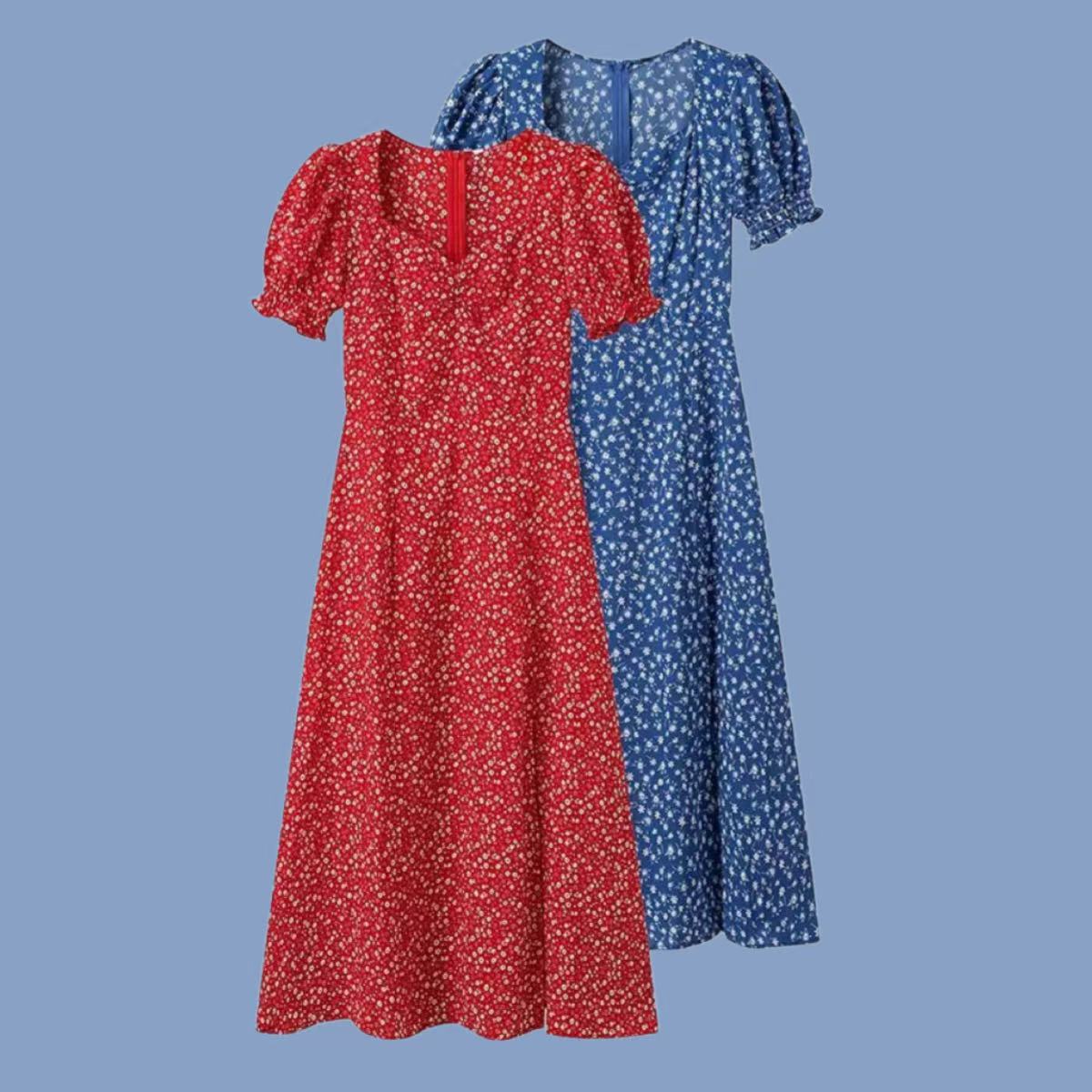 Womens Fashionable Floral-print Puff-sleeve Waist-cinching Dress