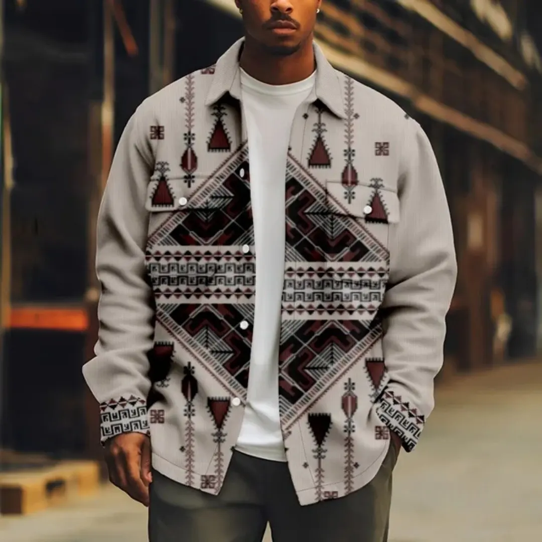 Mens Fashionable Printed Lapel Fleece-Lined Casual Jacket