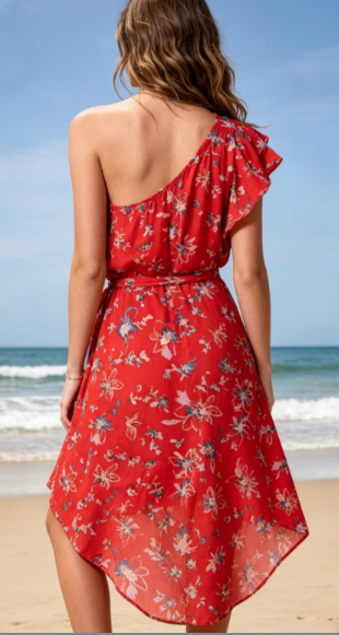 Bright Red Floral Print One-Shoulder High-Low Dress