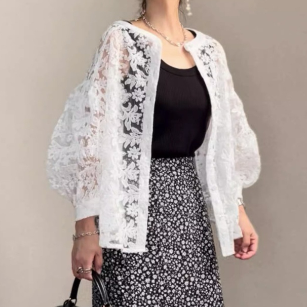 Embroidered Lace Puff Sleeve Blouse For Women — image 1