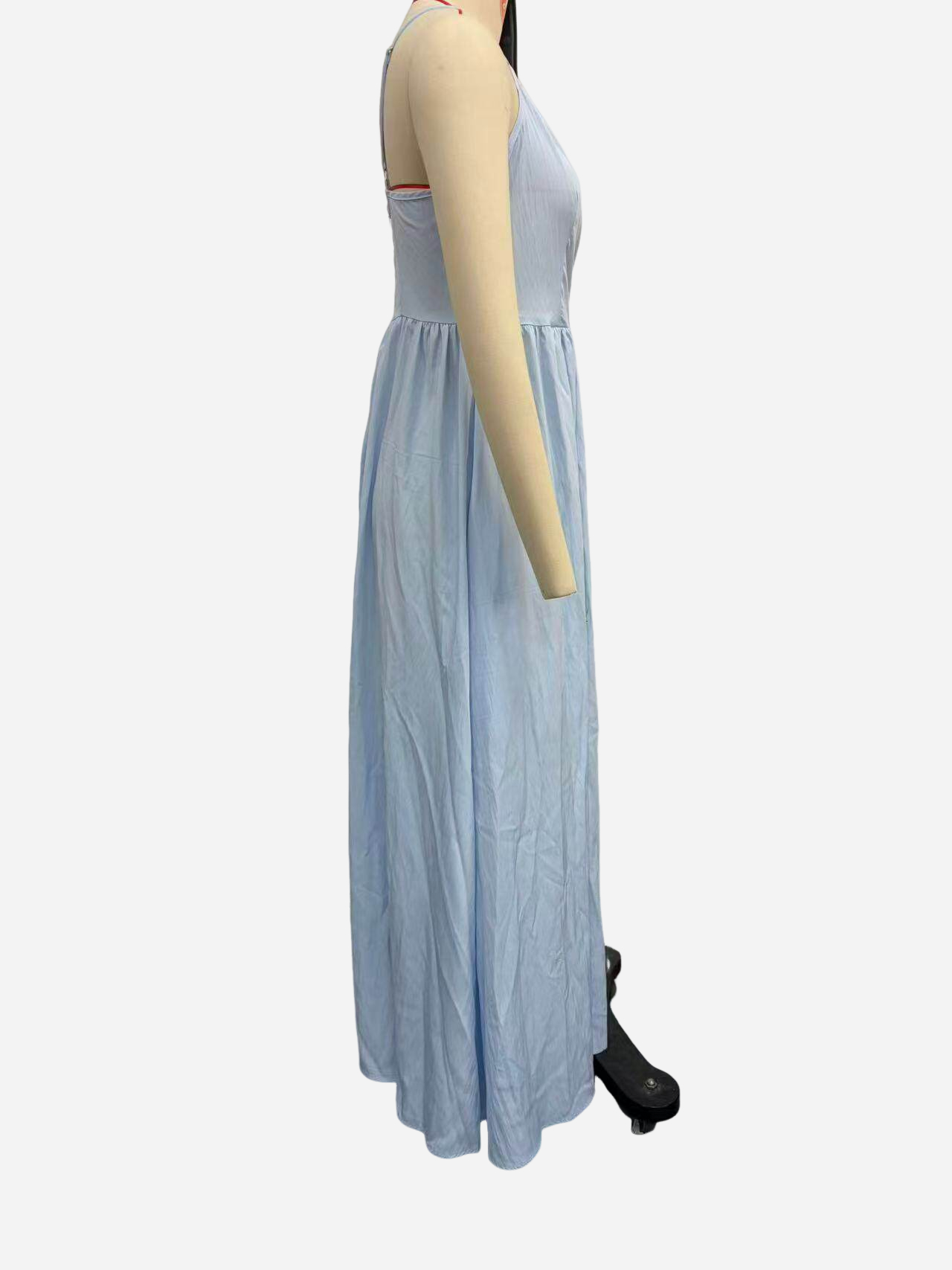 Actual product photo of women's backless strap maxi dress – back view showing open back and adjustable straps