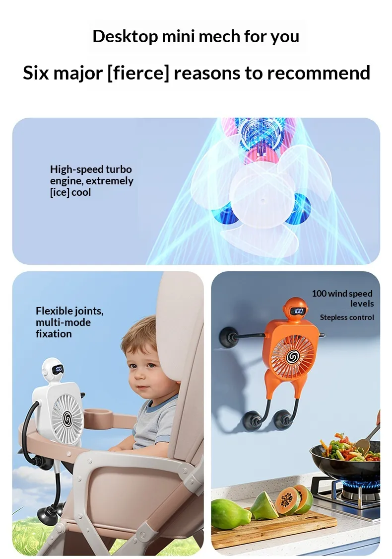 Robot Fan USB Rechargeable Desk Fan Mini Digital Display Table Fan
