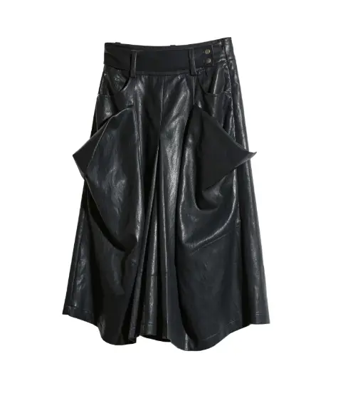 Pleated Faux Sheepskin PU Wide-leg Capri Pants