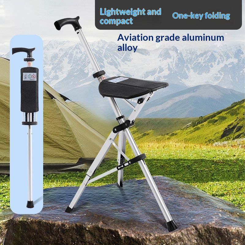 Non-slip Folding Walking Cane With A Stool For Seniors