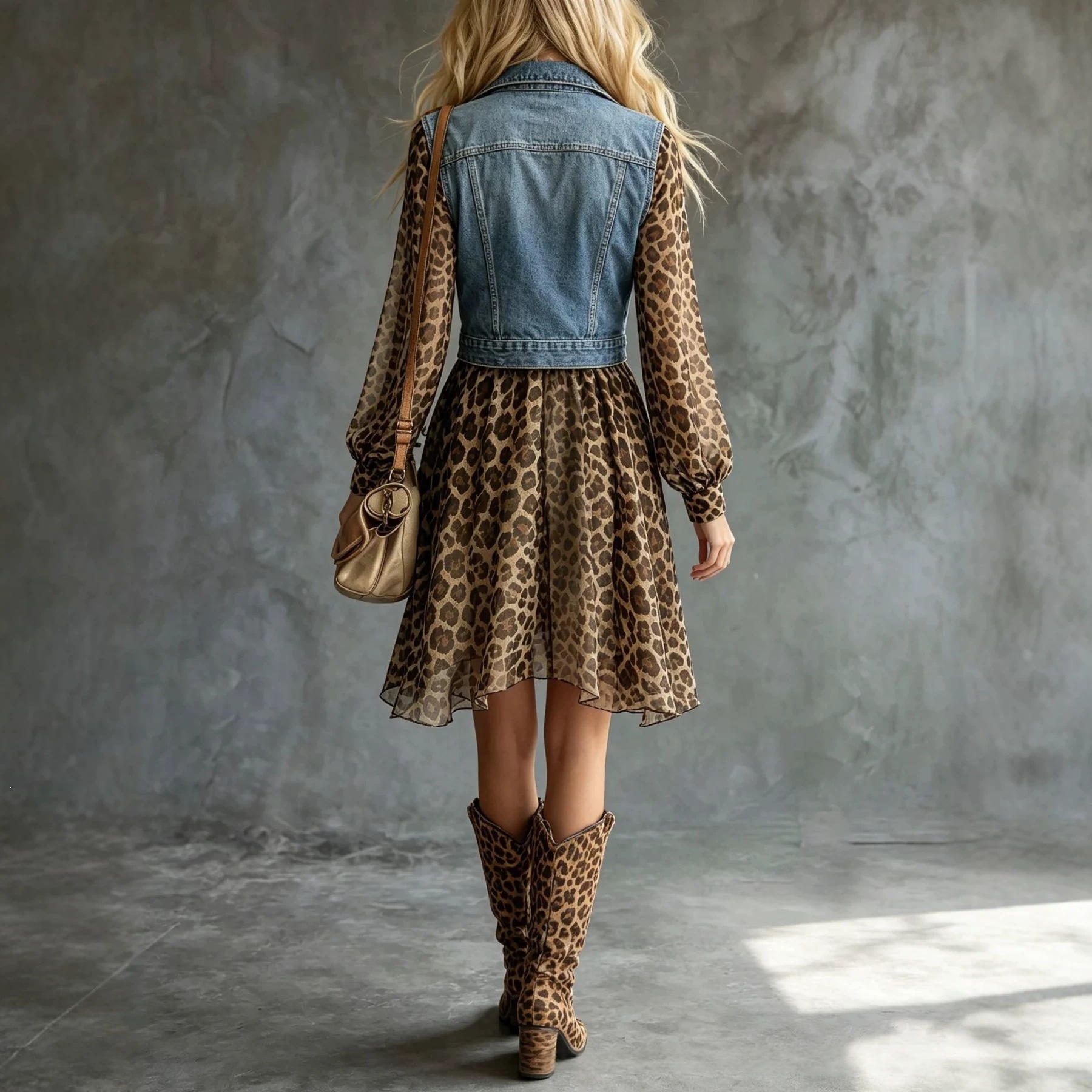 Women's denim-look maxi dress lifestyle photo