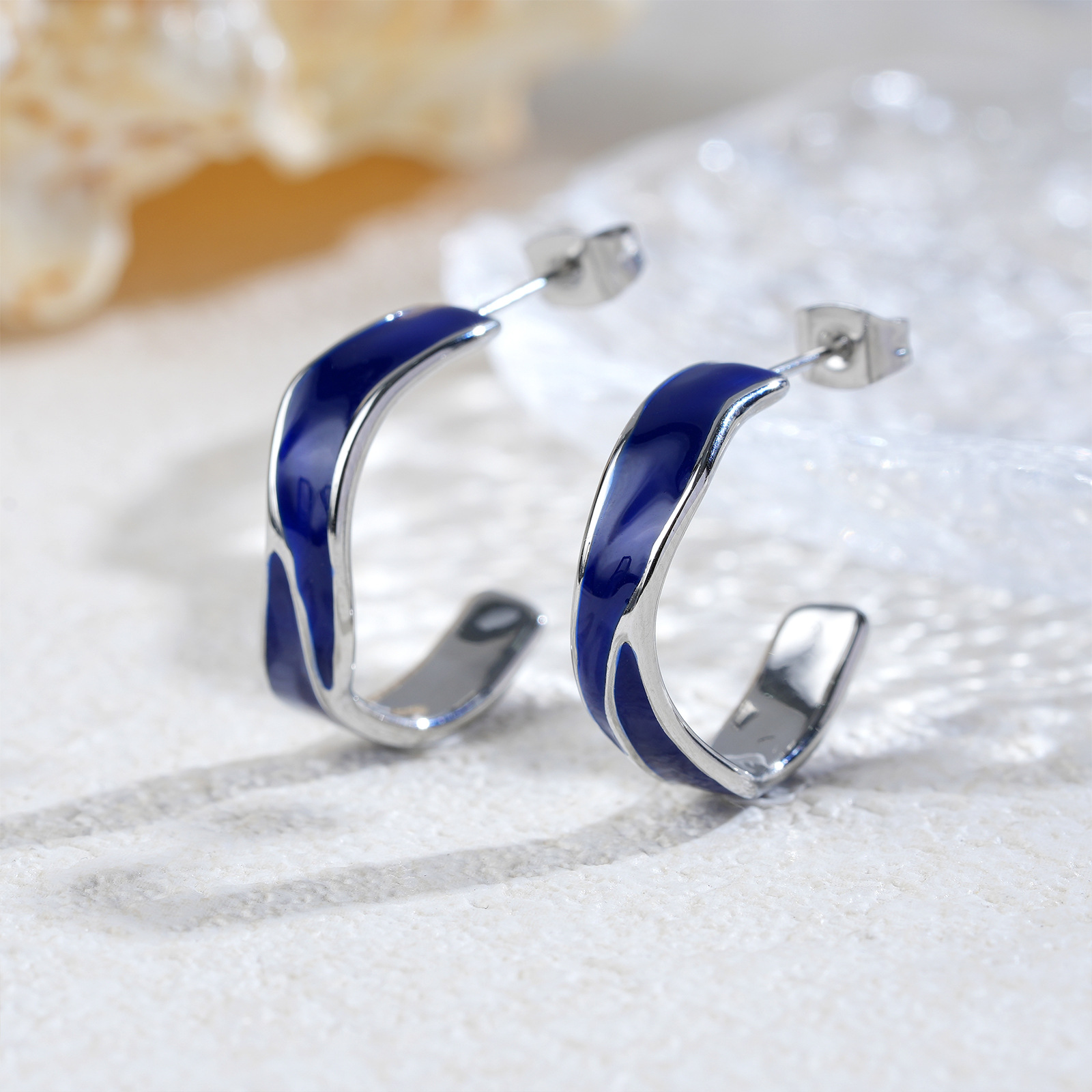 Wavy Blue Drip-glazed Twisted Hoop Earrings