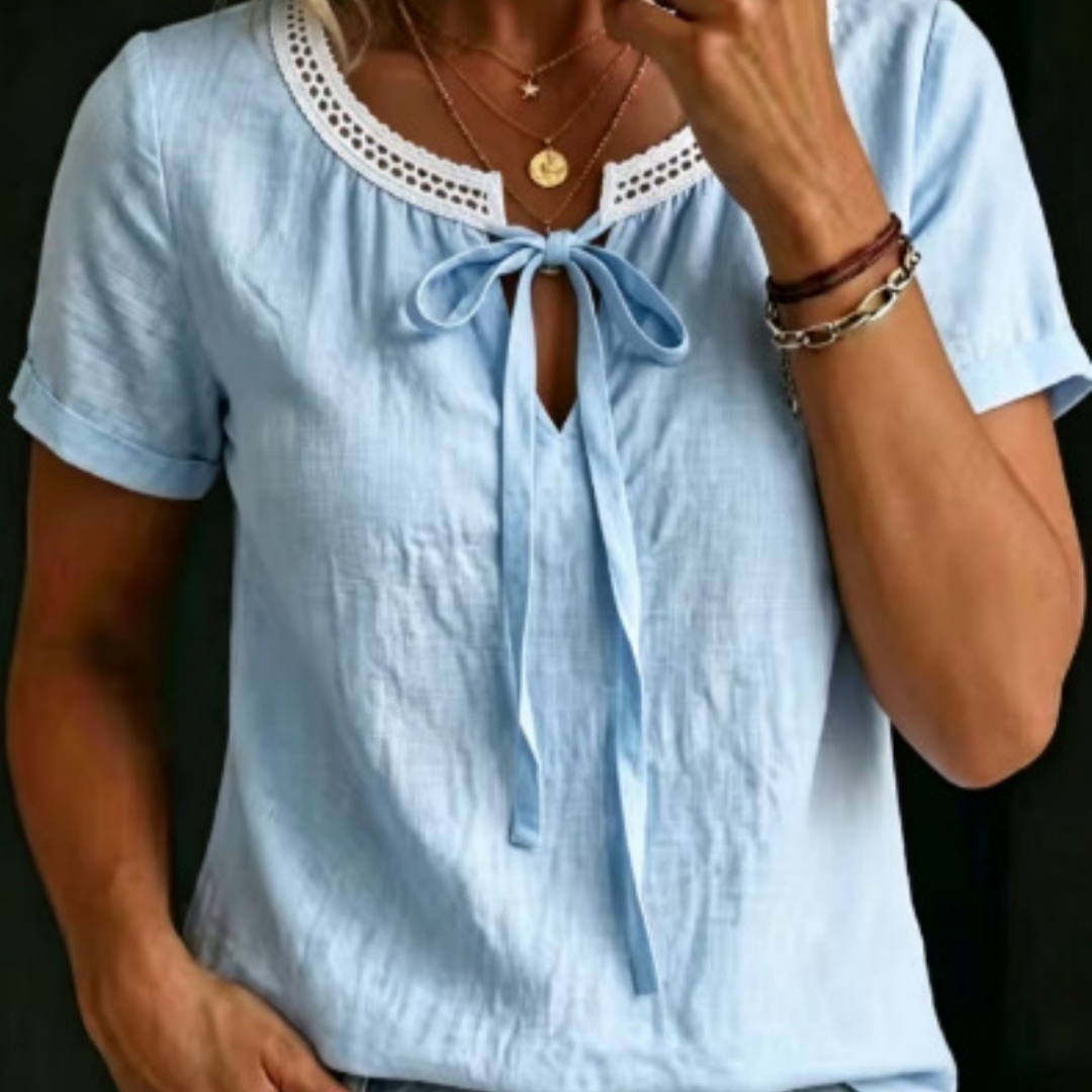 Womens V-neck Short-sleeve Lace-up Cotton-linen Shirt