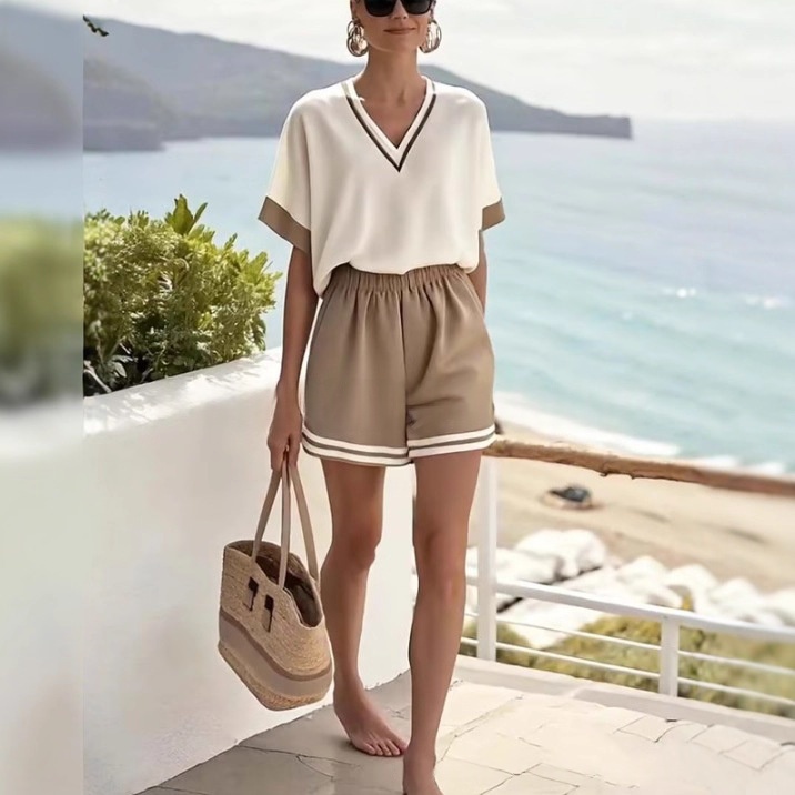 V-neck Short-sleeve Top With Straight-leg Shorts