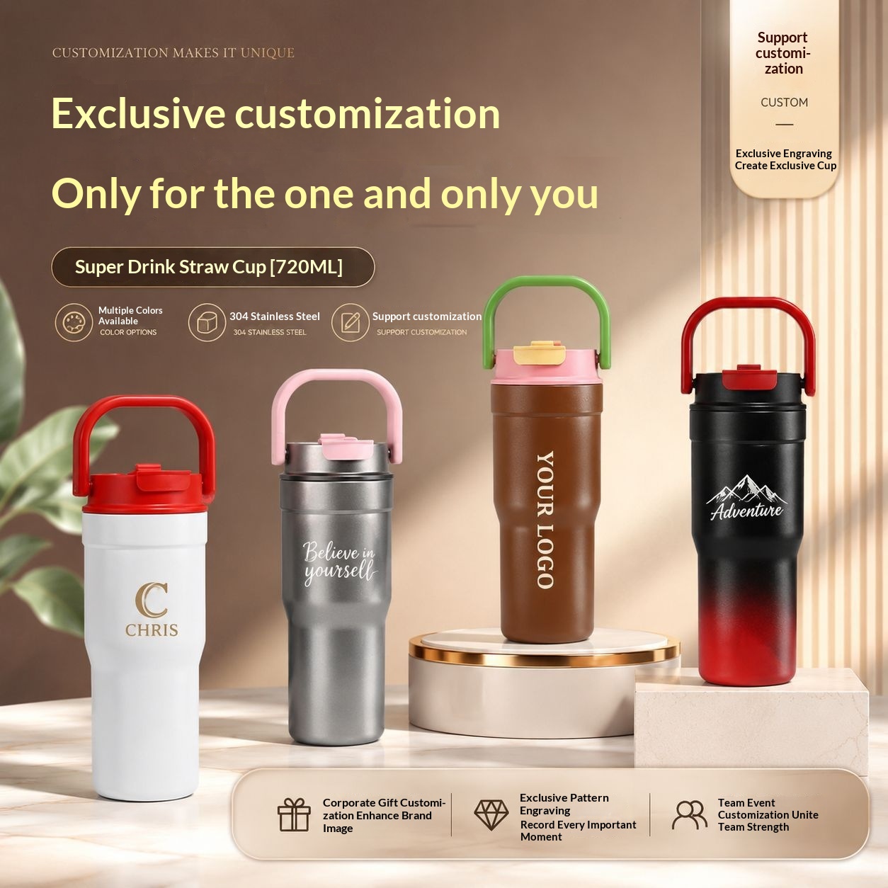 Outdoor Portable Large-Capacity Straw Cup Stainless Steel Mug