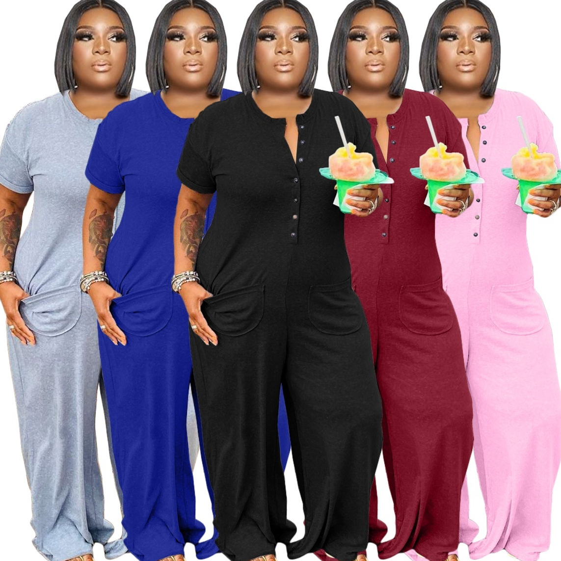 Plus-size Womens Fashion Casual Buttoned Jumpsuit