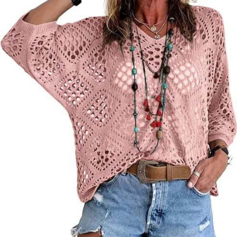 V-neck Diamond-shaped Openwork Batwing Sleeve Women's Sweater