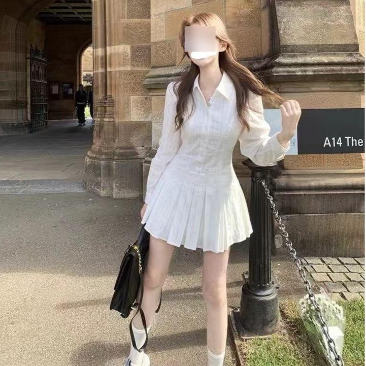 Preppy-style White Long Sleeve Shirt Dress