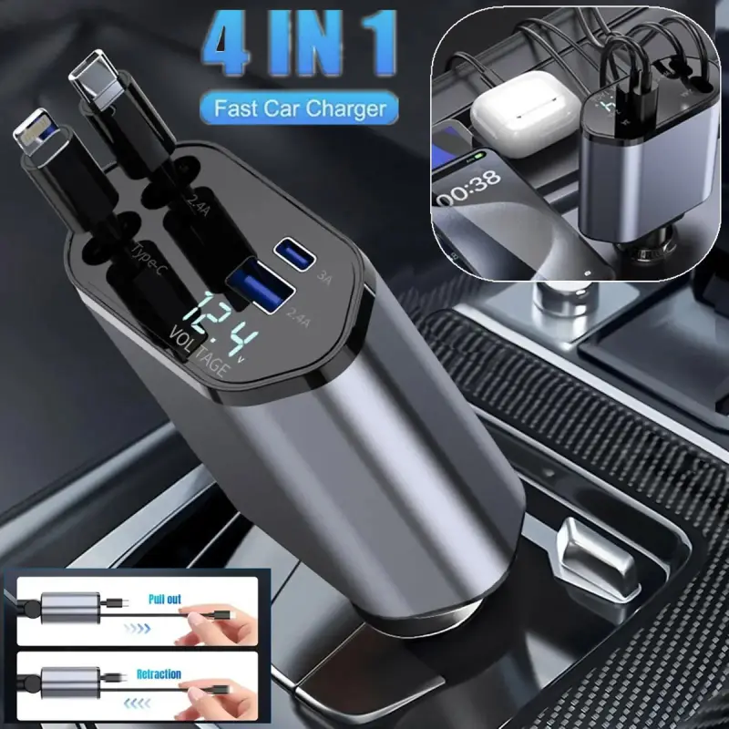 4-in-1 ievelkamais automašīnas lādētājs – ātrs