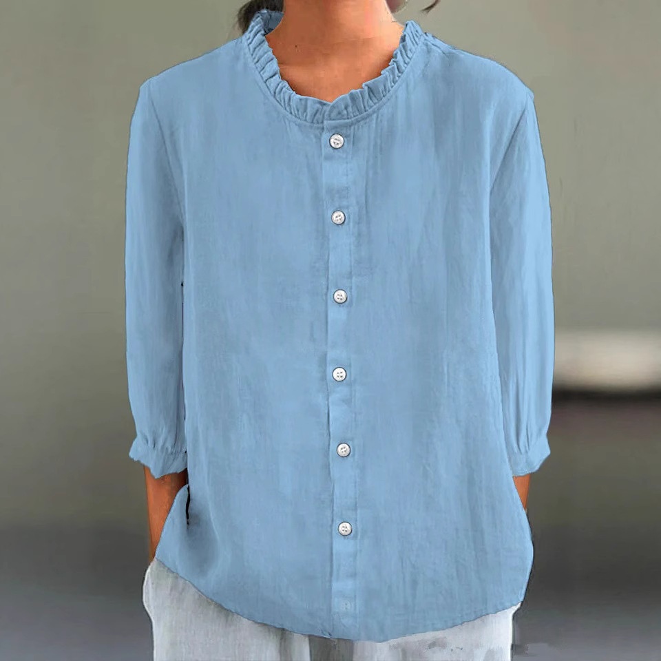 Womens Casual Solid-Color Cotton-Linen Single-Breasted Shirt