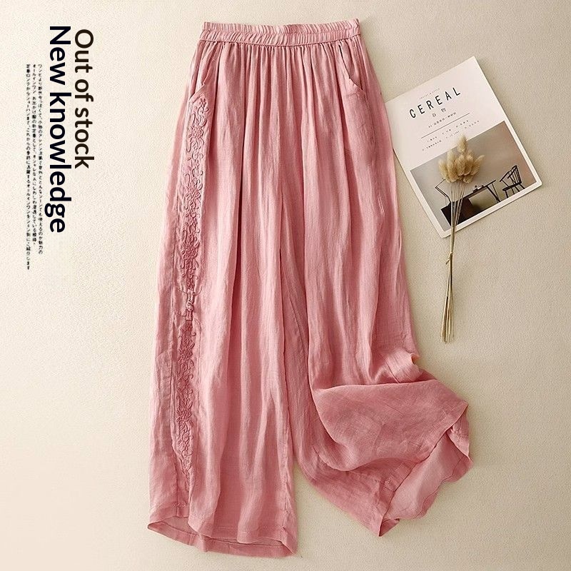Embroidered Loose-fit Drapey Cotton-linen Pants