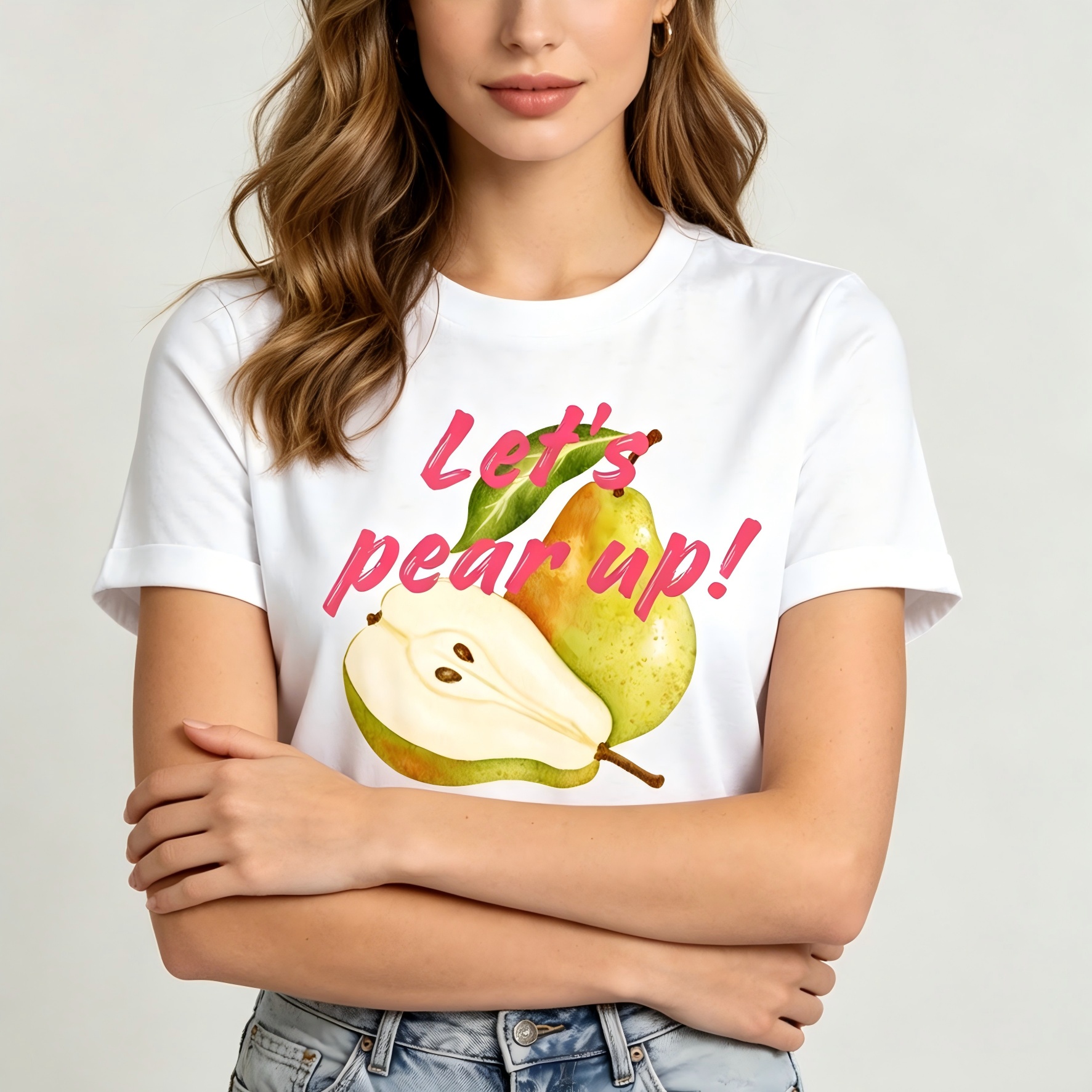 "Let's Pear Up!" Vintage Watercolor Pear Fruit Graphic T-Shirt for Women