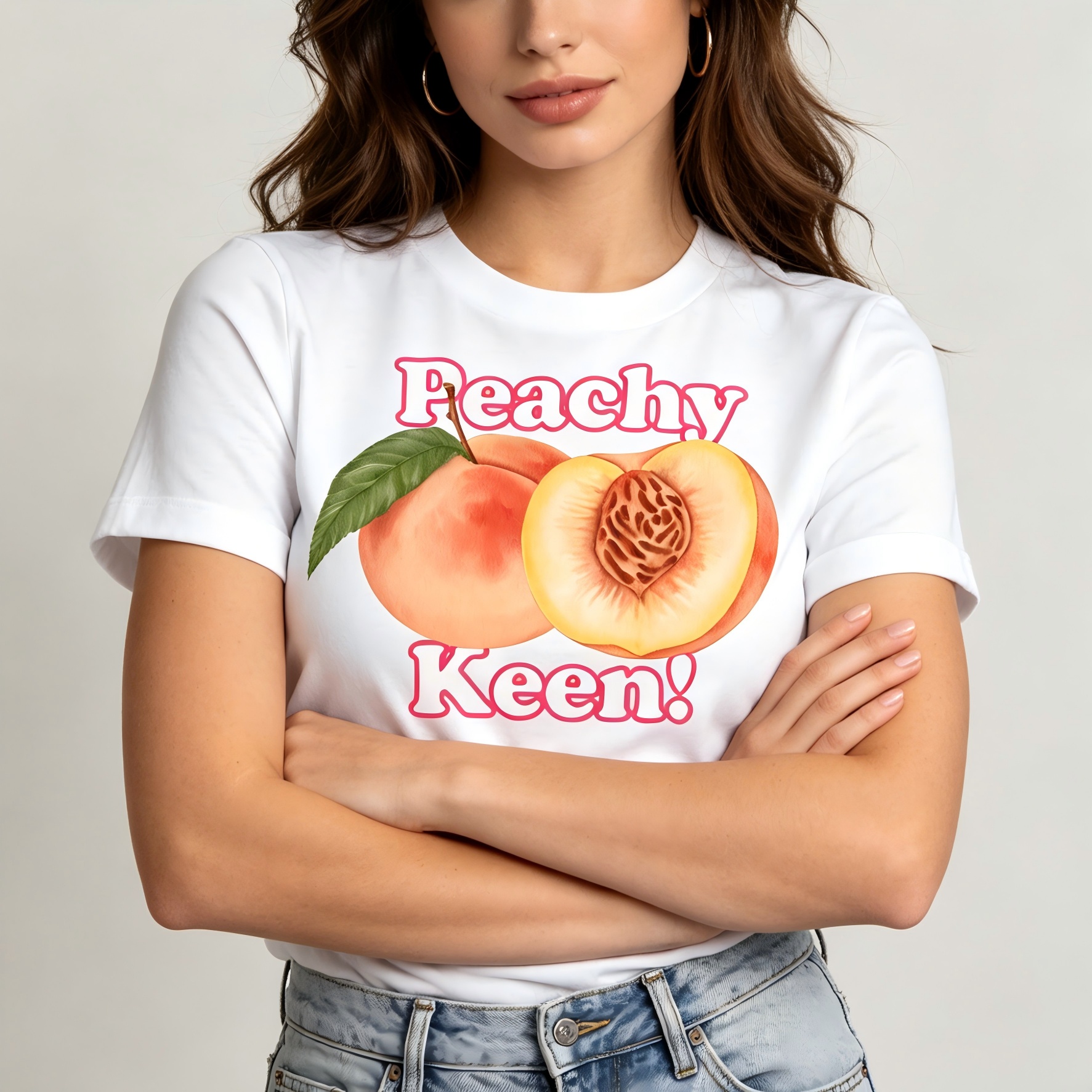 "Peachy Keen!" Vintage Watercolor Peach Fruit Graphic Summer T-Shirt for Women