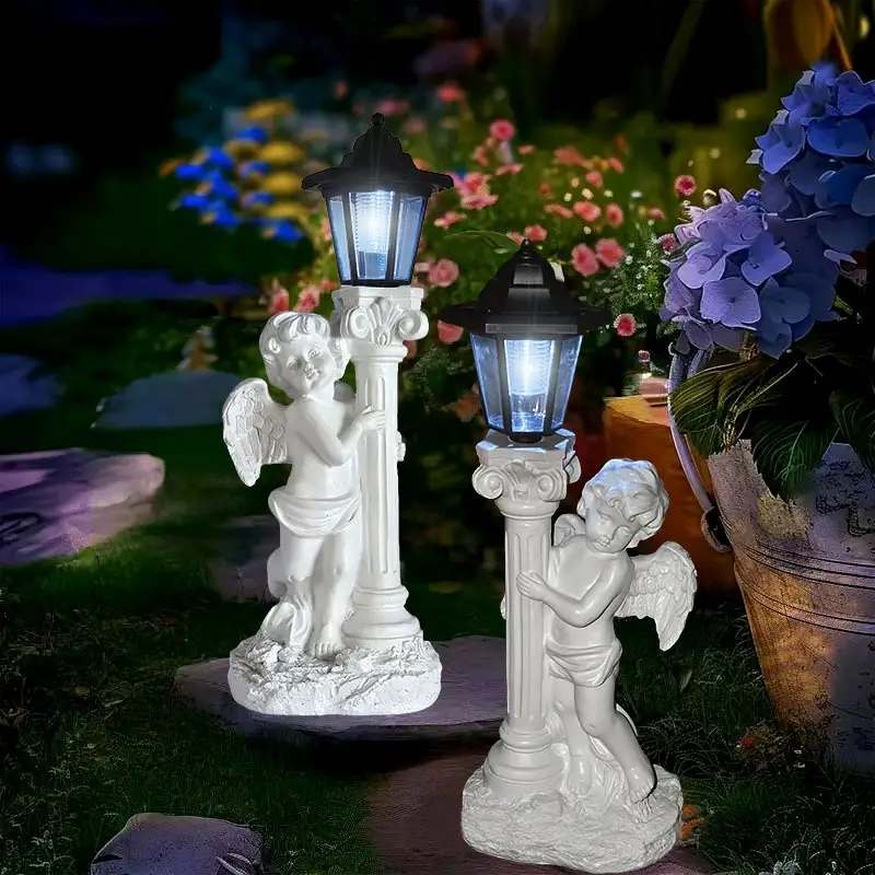 Antique Roman Column Angel Solar-Powered Lamp Ornament Garden Balcony Landscape Light