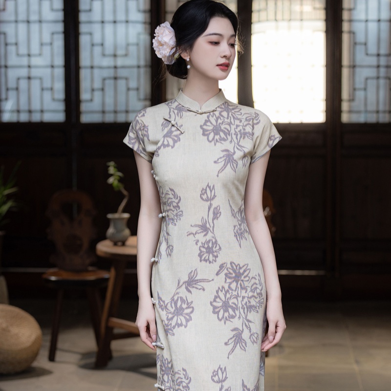 Womens Artistic Floral-print Long Casual Cheongsam