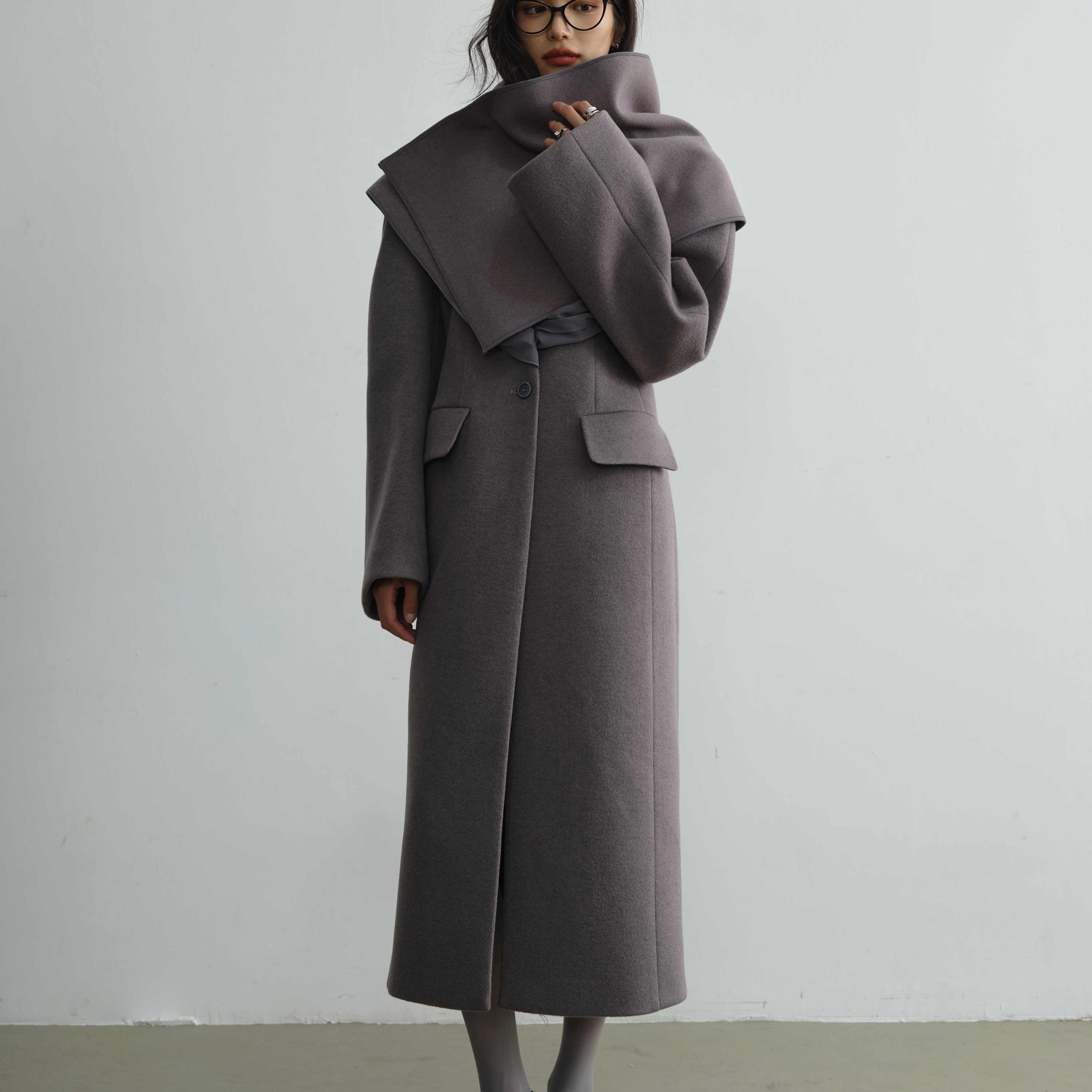Silk-like Splicing Scarf Woolen Coat