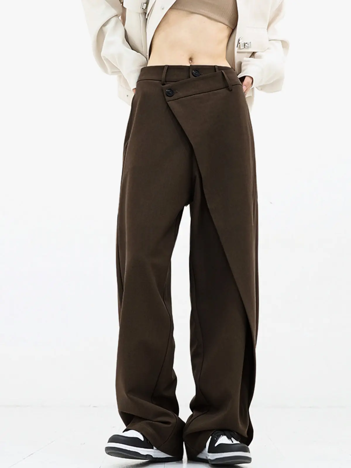 Womens Irregular-length Trousers With Asymmetric Layered Buttons