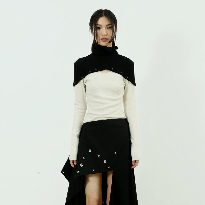 Independent Designer Brand Mock Two-piece Color-block Patchwork Turtleneck Base Layer