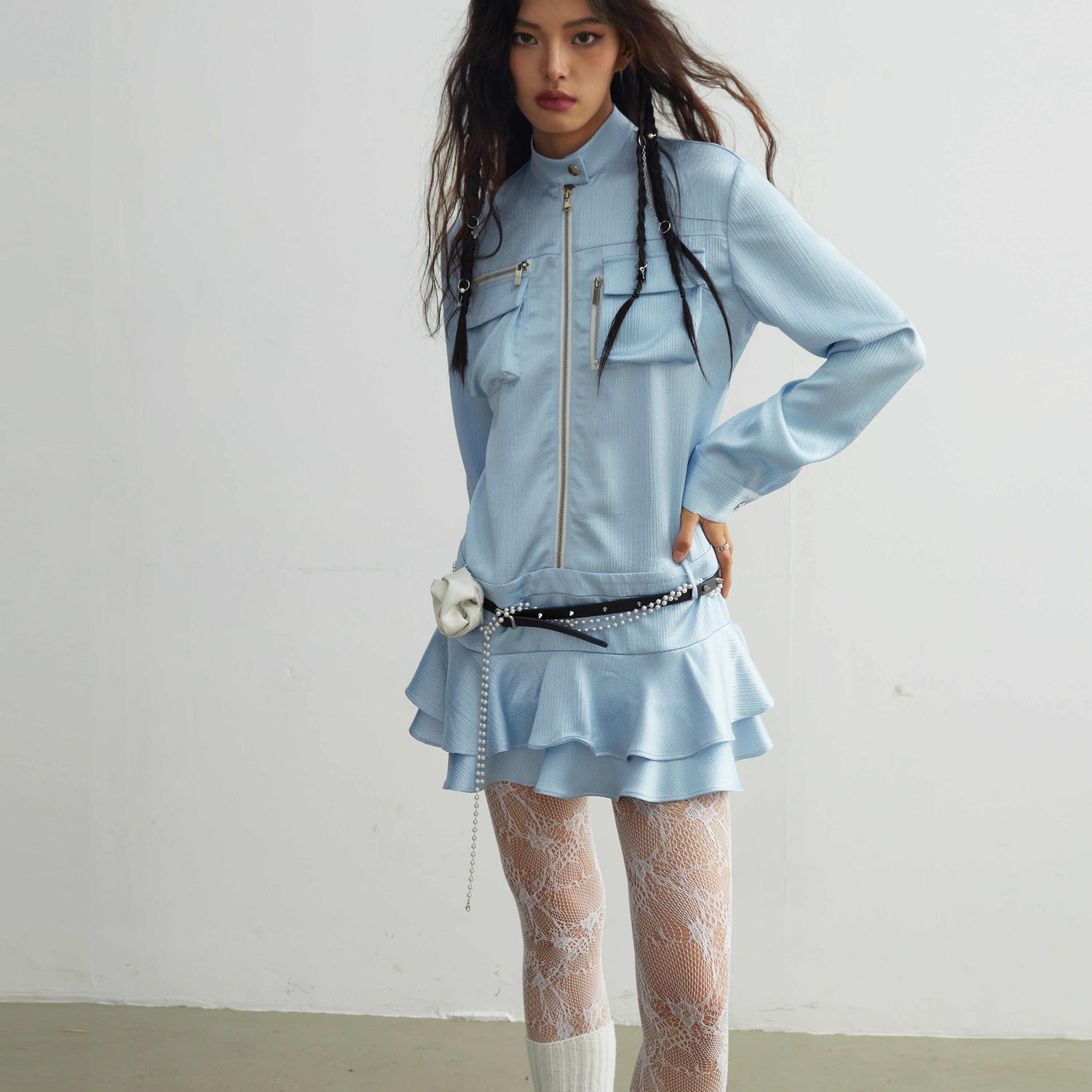 Three-dimensional Pocket Blue Satin Shirt Skirt
