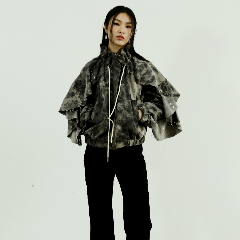 Distressed Ruffled Hem Washed-out Tie-dye Denim Jacket