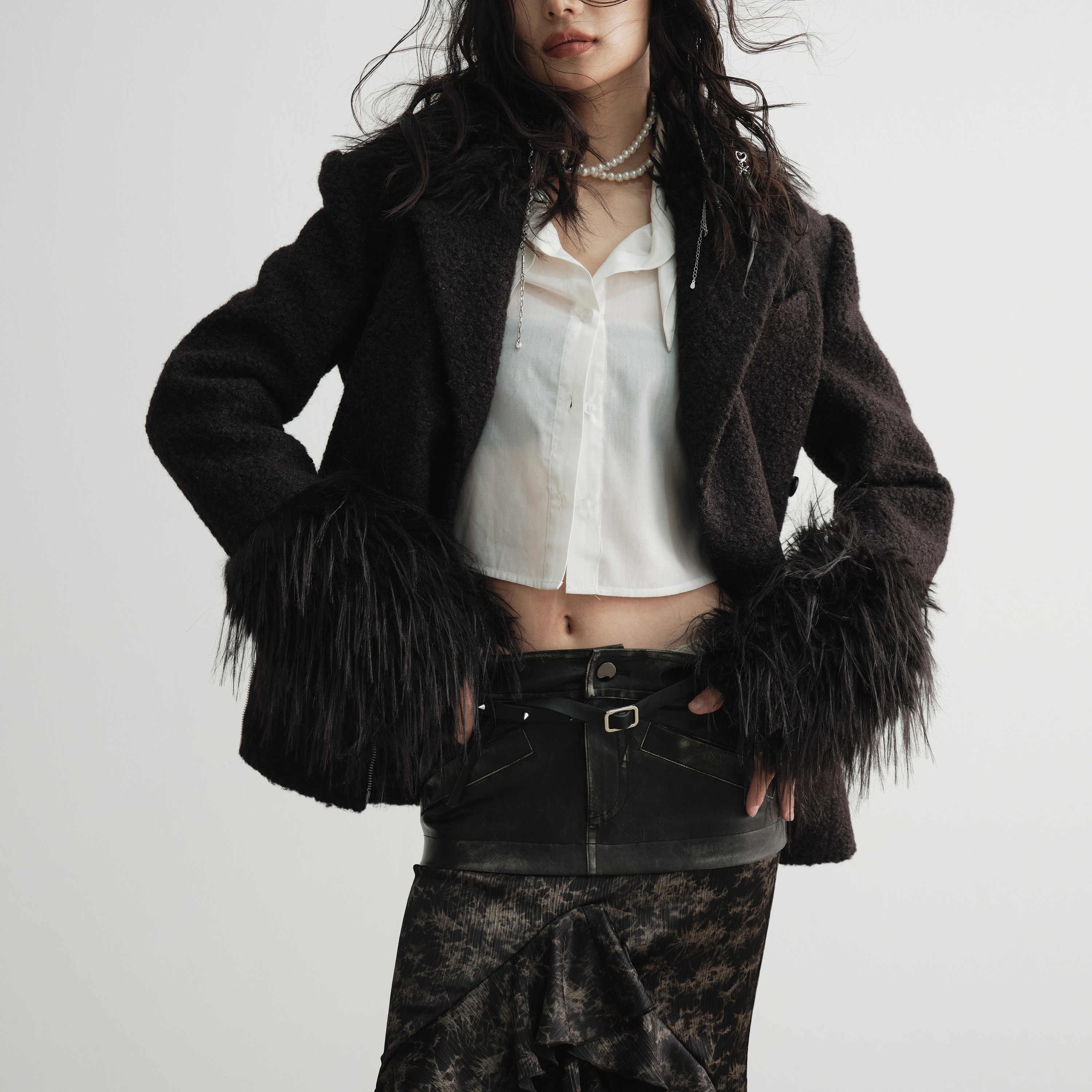 Women In Woolen Coat With Inclined Placket
