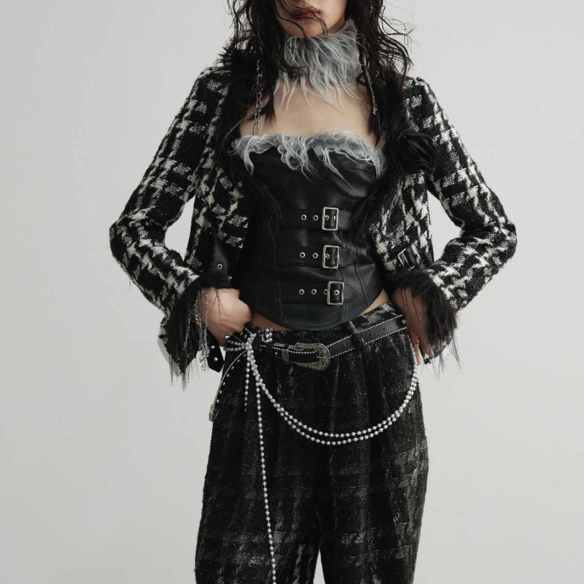Spliced Low-necked Houndstooth Coat