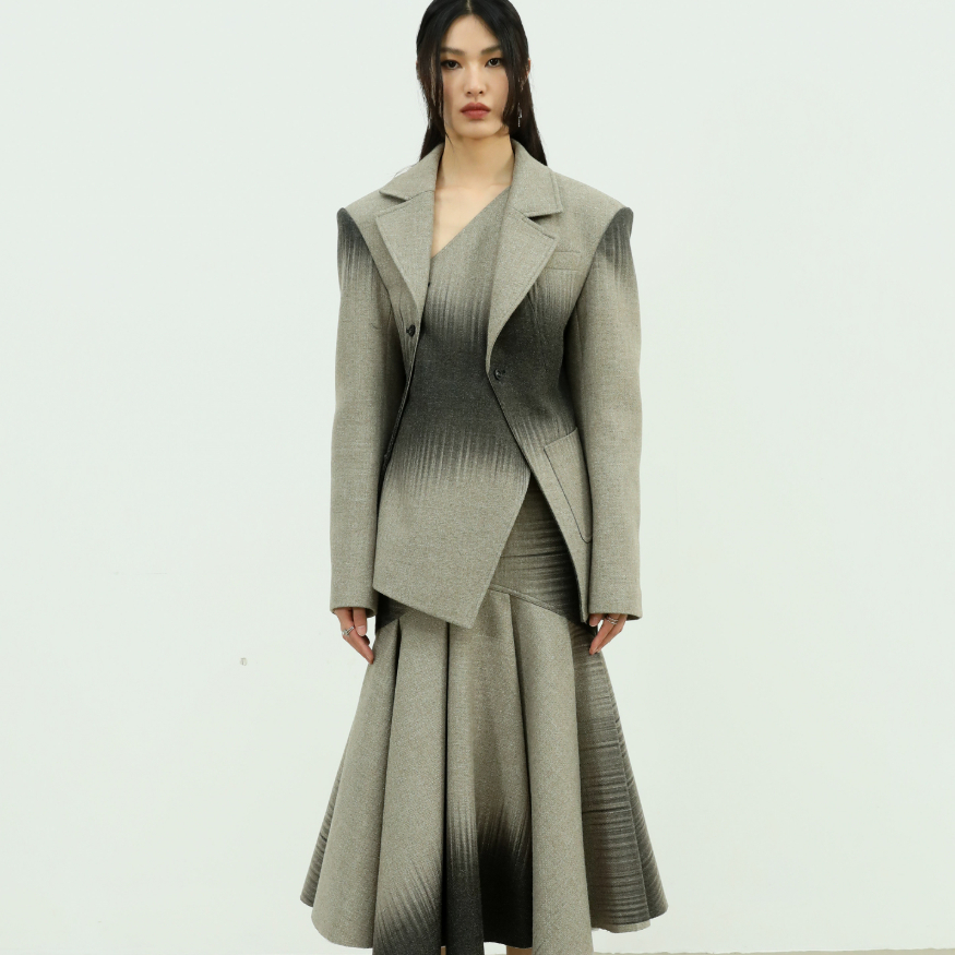 Dark Beam Gradient Print Wool Cotton-Padded Suit