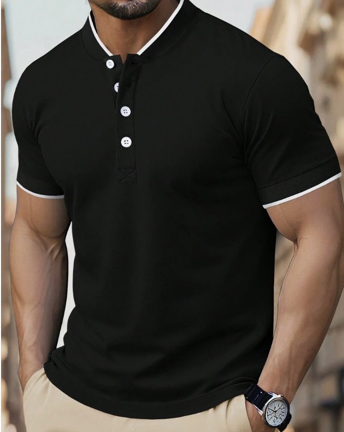 Mens Short-sleeve Mandarin-collar Pique-cotton Casual Shirt