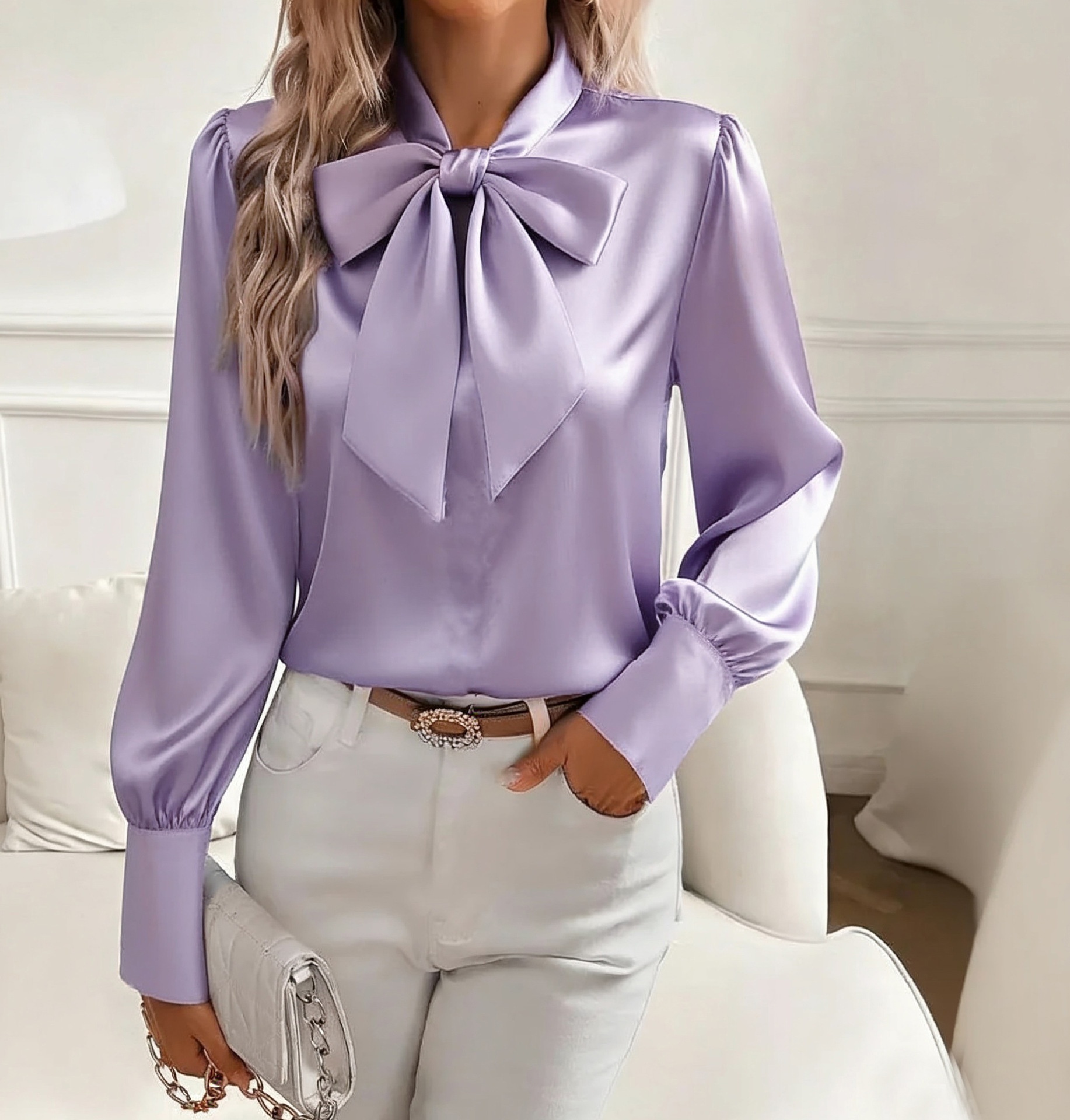 Bow-tie Blouse Fashion Commuting Lace-up Pullover Long-sleeved Top Women's Clothing - Image 5