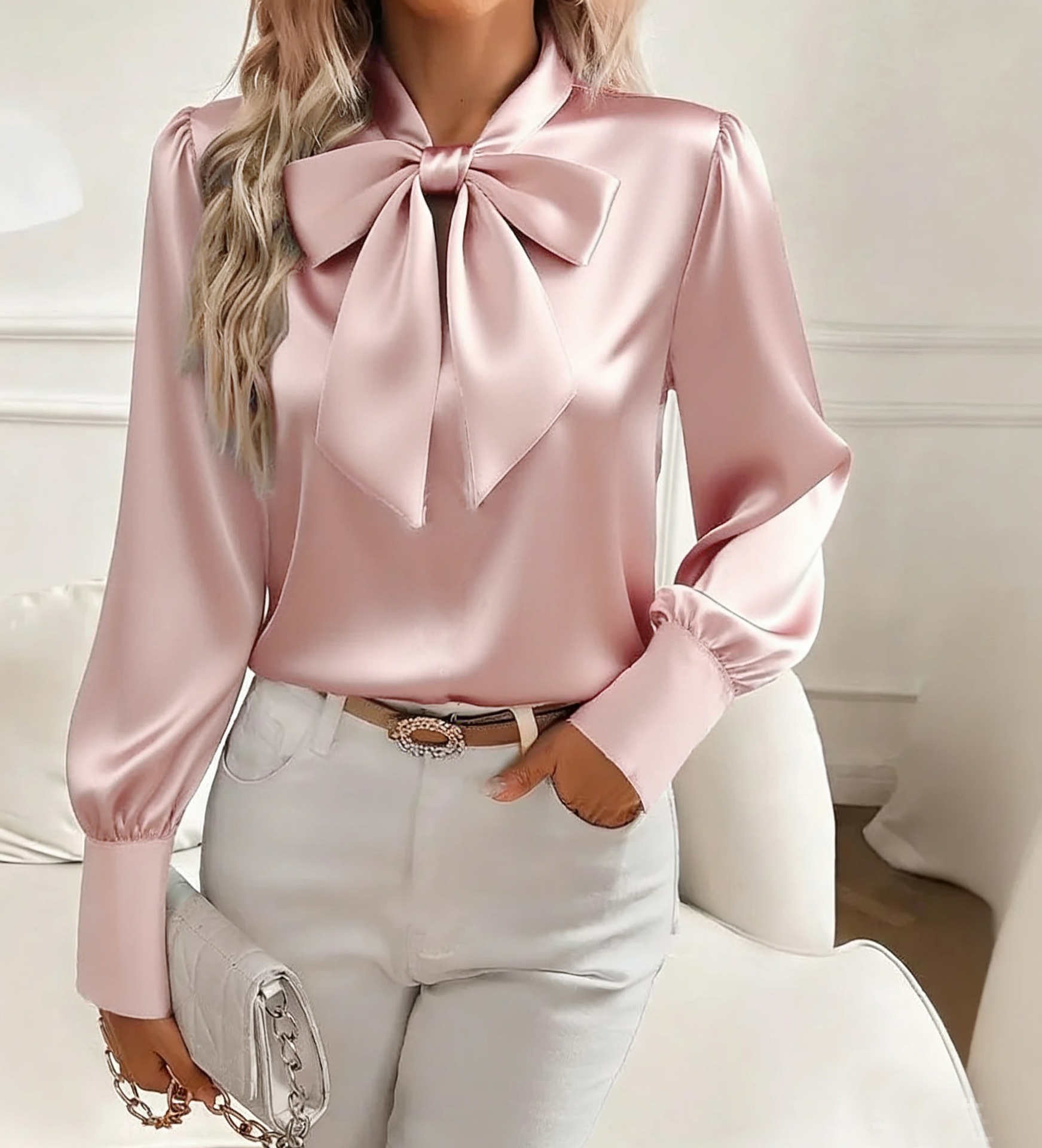 Bow-tie Blouse Fashion Commuting Lace-up Pullover Long-sleeved Top Women's Clothing - Image 3