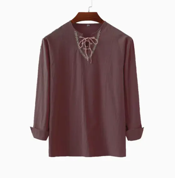 Men's Casual Loose Drawstring Stitching Printed V-neck Long-sleeved Shirt