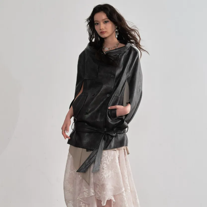 Ebony Brown PU Leather Cloak-Style Cape Jacket