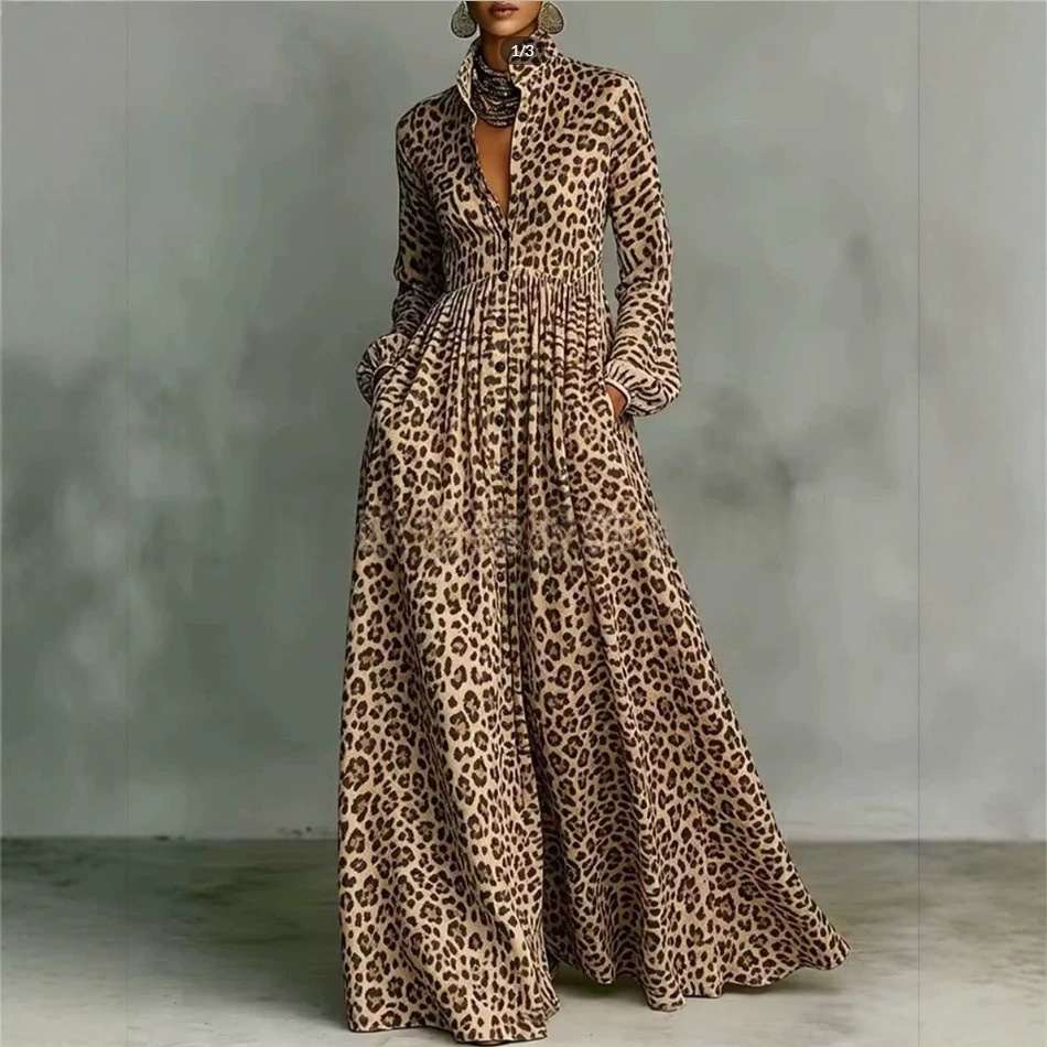 Leopard-print Shirt-collar Long-sleeve Casual A-line Dress