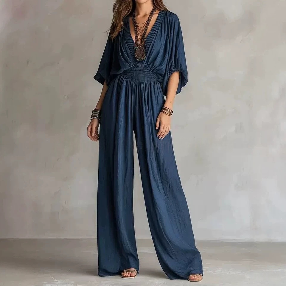 Womens V-neck Short-sleeve Casual Loose-fitting Jumpsuit