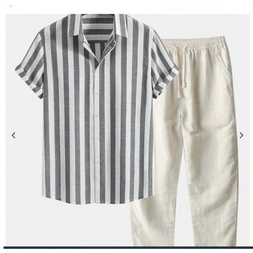 Printed Striped Breathable Casual Chic Short-sleeve Collared Shirt And Trousers